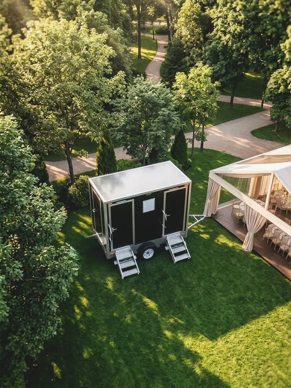 Restroom trailer set up in a garden beside an outdoor event